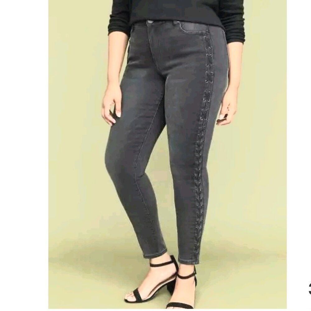 Lane Bryant Gray Lace Up Detail Skinny Ankle Crop Plus Super Stretch Jeans 20